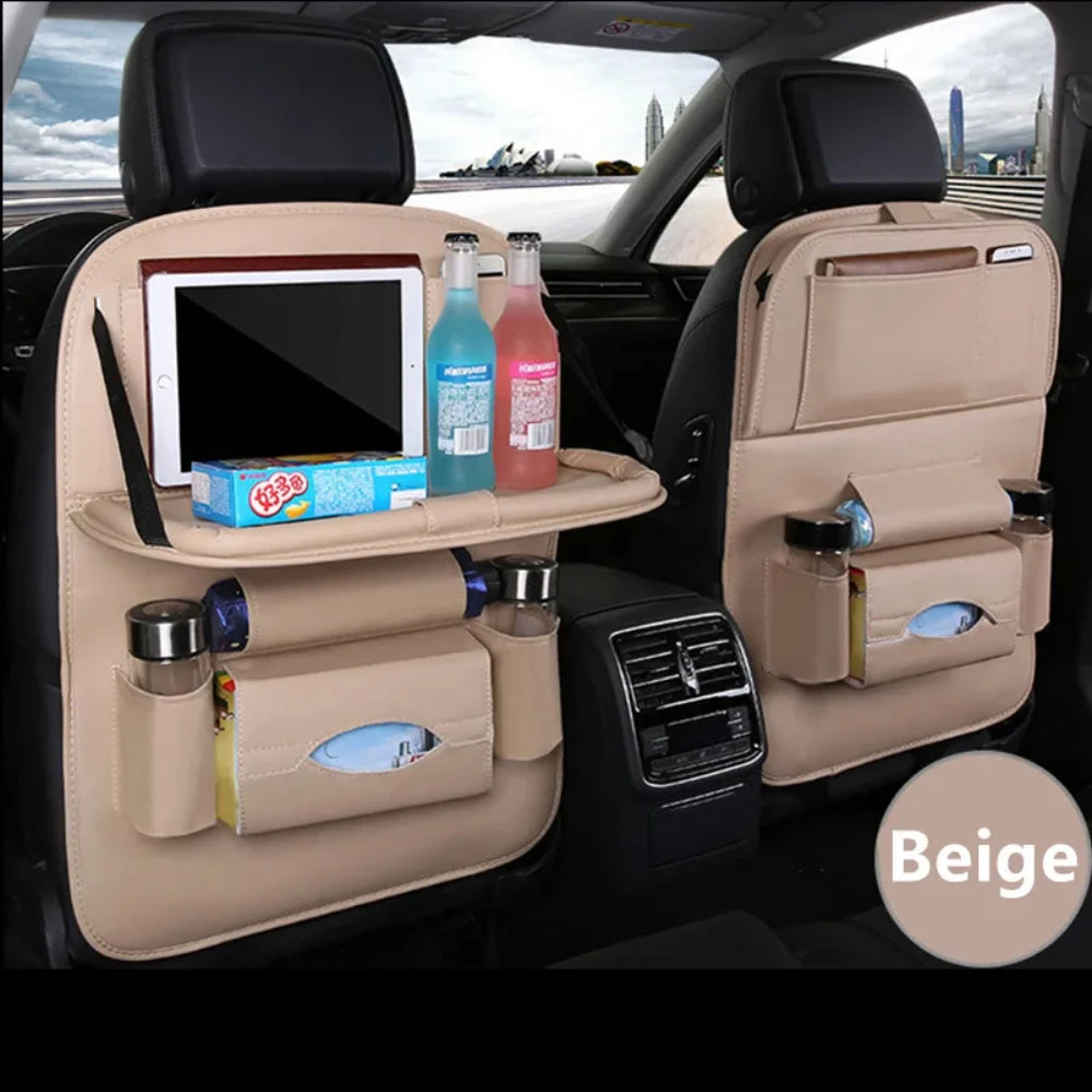 Organisateur de dossier de siège avec plateau de table pliable en cuir